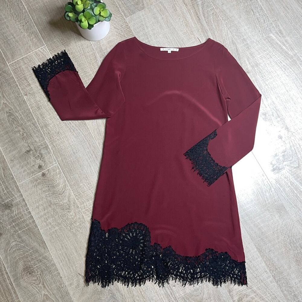FALCON & BLOOM Women's Burgundy Silk Dress Black Lace Trim